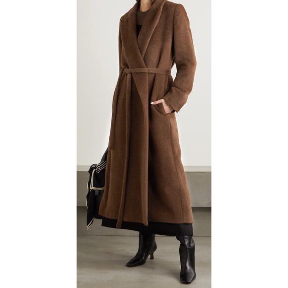 Toteme Alpaca Chocolate Brown Wrap Coat Maxi Length Peak Lapel Size 36 US S - Picture 5 of 13